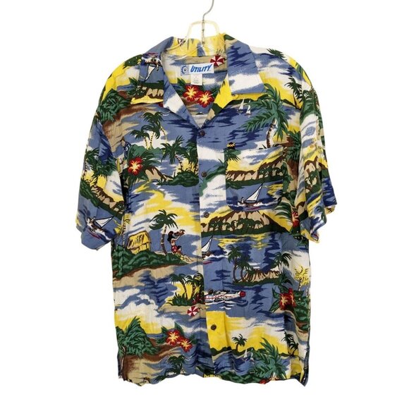 Vintage 90s Utility Hawaiian Shirt Mens Medium Beach Palm Tree Tropical Floral - Picture 1 of 6